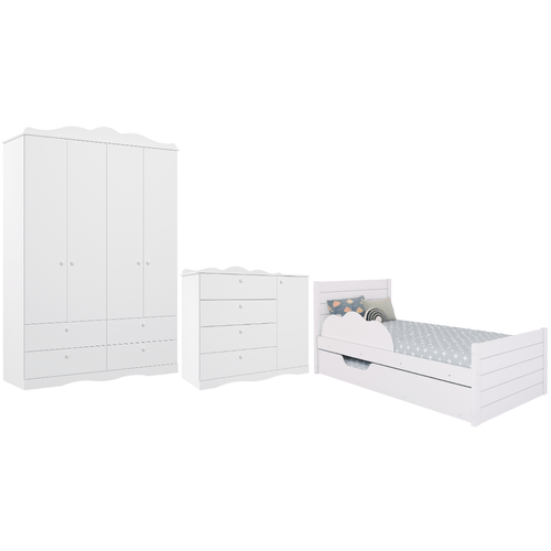 Quarto Infantil Completo Bicama Guarda Roupas 4 Portas Cômoda 1 Porta Provençal 100% MDF