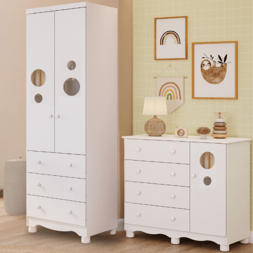 Quarto de Bebê Completo Guarda Roupa 2 Portas Cômoda 1 Porta 4 Gavetas Bolinha 100% MDF