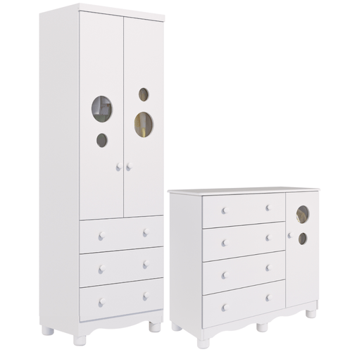 Quarto de Bebê Completo Guarda Roupa 2 Portas Cômoda 1 Porta 4 Gavetas Bolinha 100% MDF