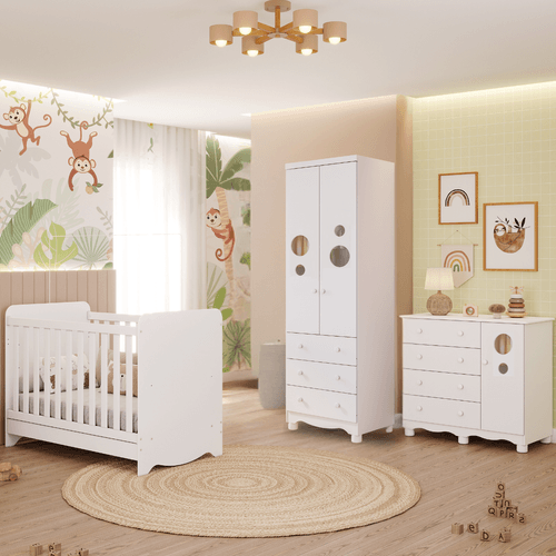 Quarto Bebê Completo Berço Americano Ben 3 em 1 Guarda Roupas 2 Portas Cômoda Bolinha 100% MDF