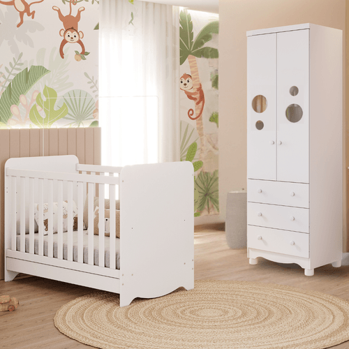 Quarto Bebê Completo Berço Americano Ben 3 em 1 Guarda Roupas 2 Portas 3 Gavetas Bolinha 100% MDF