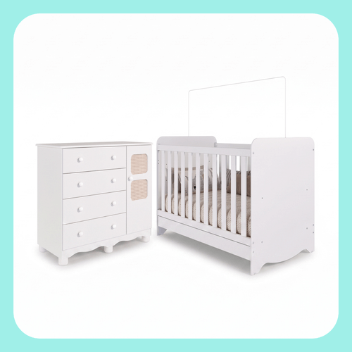 Quarto de Bebê Completo Berço Americano Ben 3 em 1 Cômoda 1 Porta 4 Gavetas 100% MDF Telinha